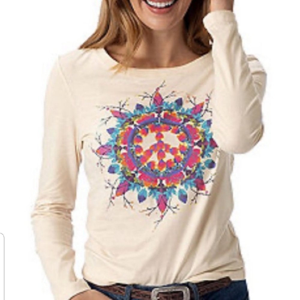 Saturday Market long sleeve tee. Peace on parchmen